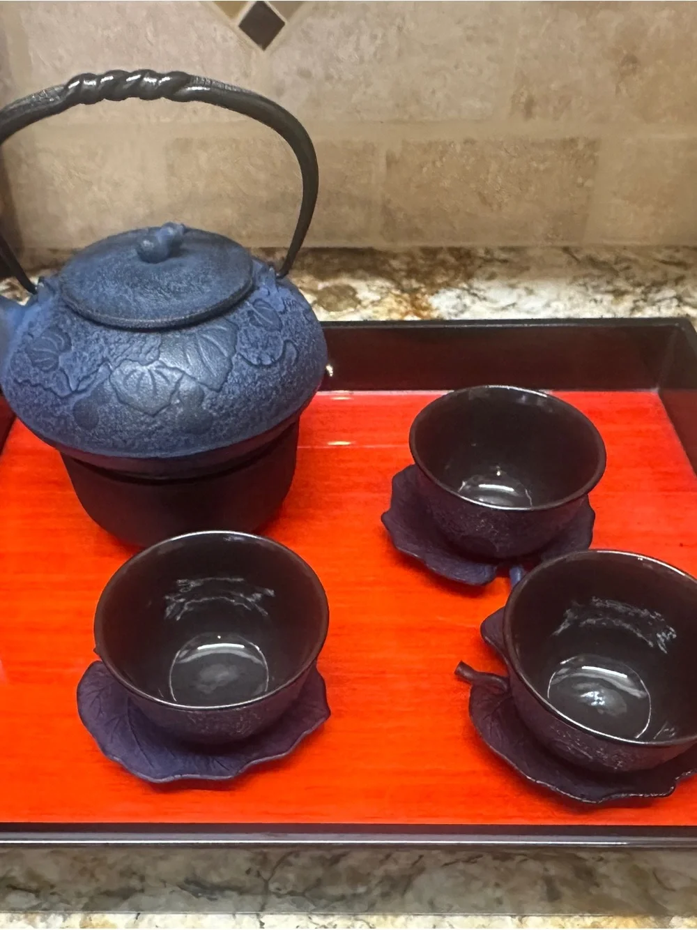 TeaVana Blue Cast Iron Teapot & Cups w/Floral Design & Black & Red Lacquer Tray